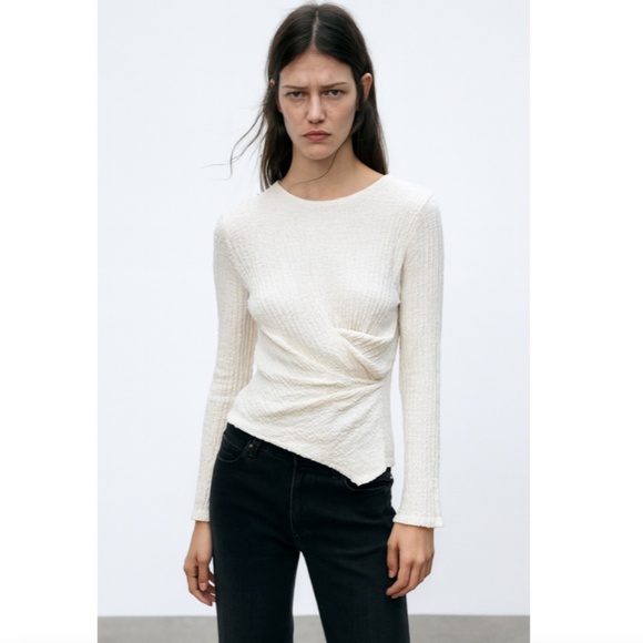 Zara Textured Jersey Top Gathered Accent Long Sleeve White Large - Picture 1 of 8